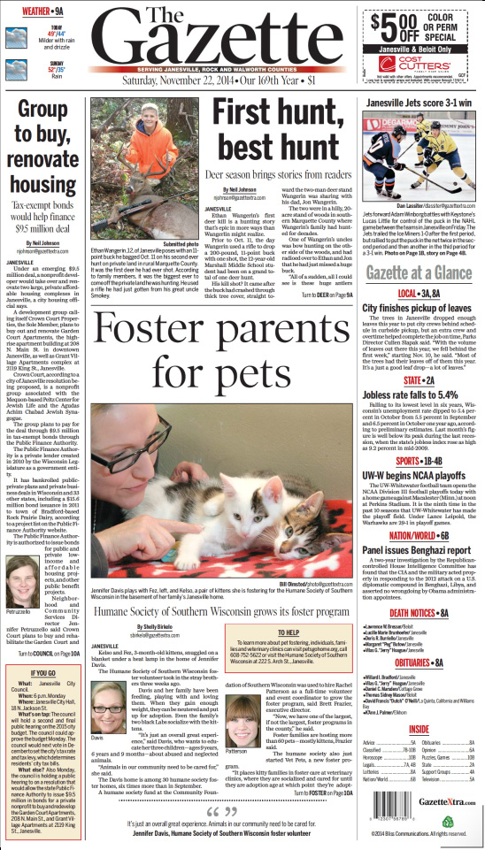 Janesville Gazette - Frontpage, November 22, 2014