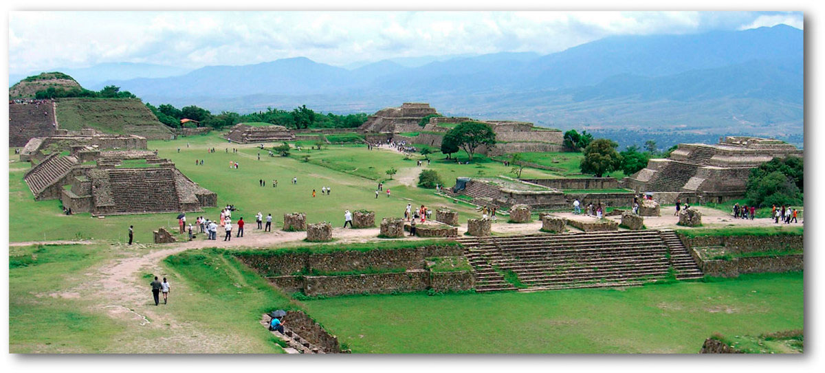 Panoramic view of the archaeological reconstruction at Monte Albán